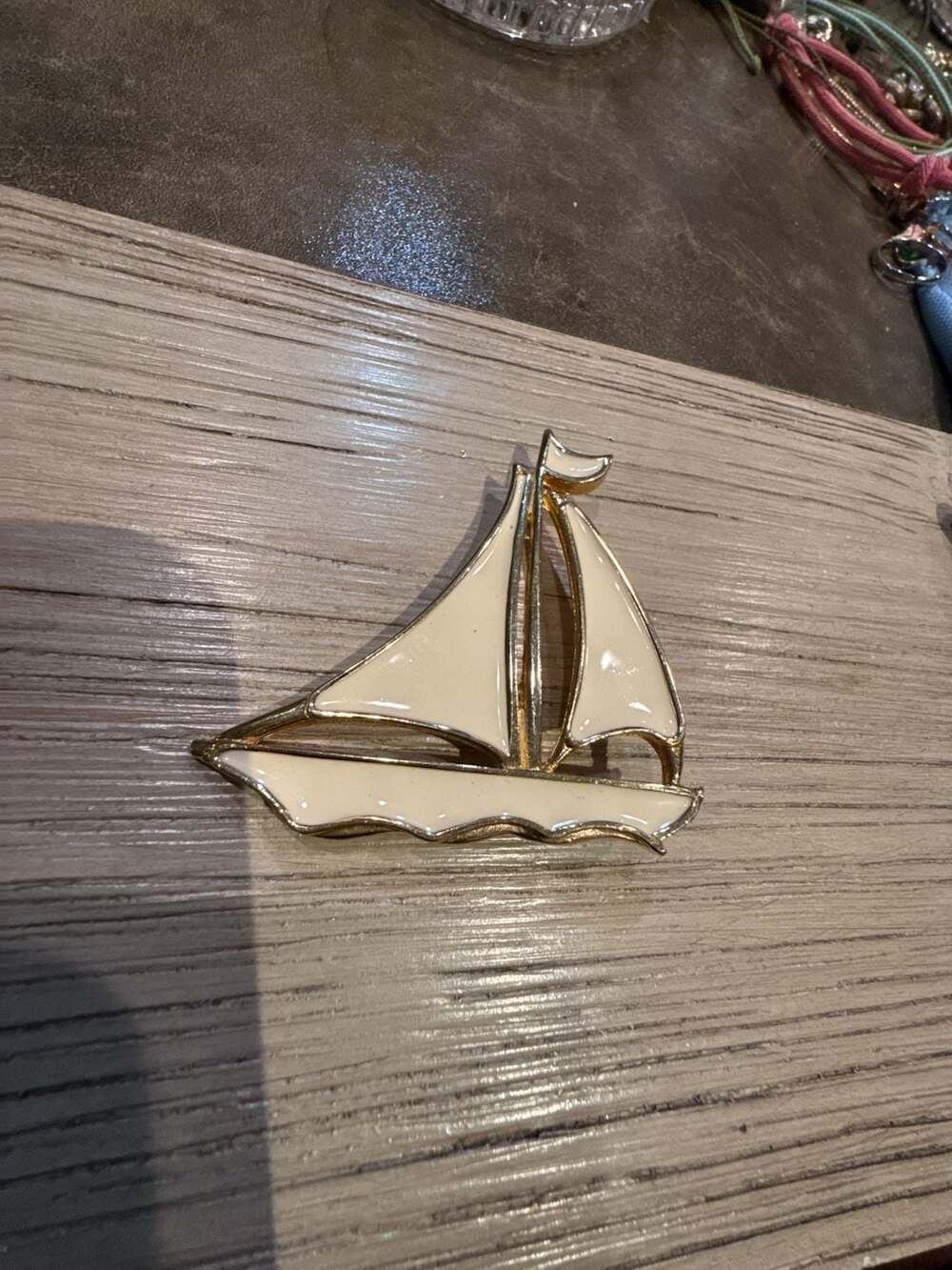 Vintage Gold Tone Cream Enamel Sailing Ship Boat Brooch Nautical Pin
